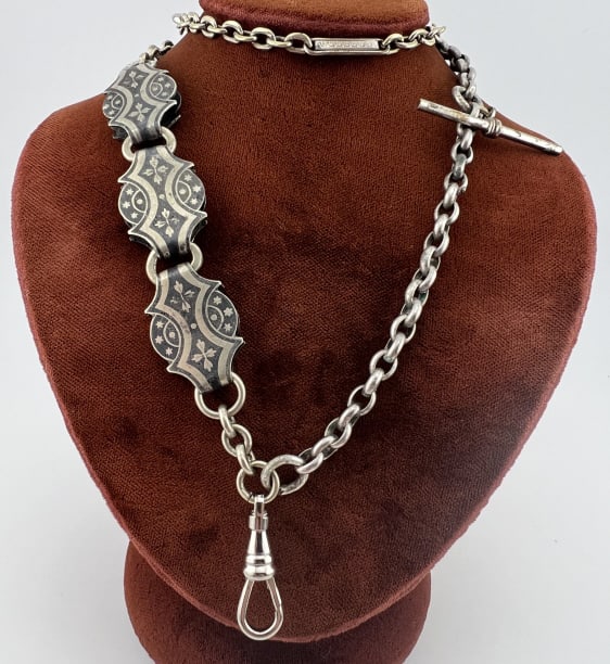 Antique Watch Chain Necklace w Silver Niello Panel (1 of 10)