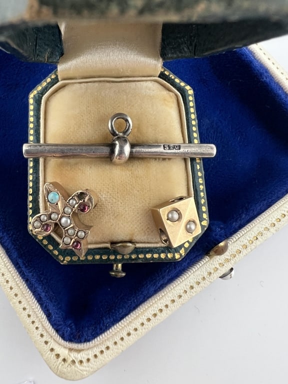 Antique 10kt Gold, Gold Filled & Sterling Elements: Antique 10kt Gold, Gold Filled & Sterling Elements for Watch Chains / Necklace Chains. Sterling T bar hallmarked STG, fleur de lis slide and pearl set slide. The slides acid test for 10kt on the front