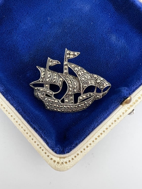 Vintage Sterling Silver & Marcasite Ship Brooch (1 of 5)
