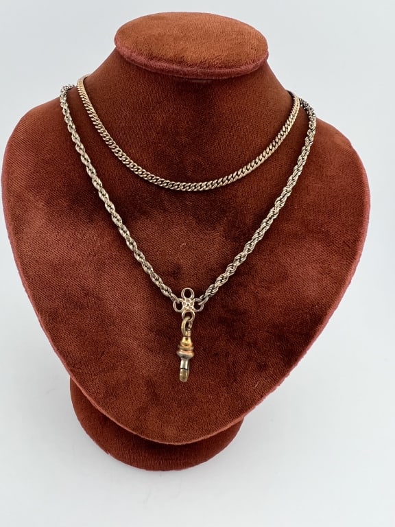 Antique Curb Link Watch Chain Necklace w Dog Clip: Antique Curb Link & Rope Twist Design Watch Chain Necklace w Dog Clip. Chain measures 23 inches in length.