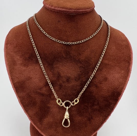 Antique 19th C Gold Fill Necklace Chain w Dog Clip: Antique 19th C Gold Filled Necklace Chain w Dog Clip. Spring ring clasp, measures 22 inches in length.
