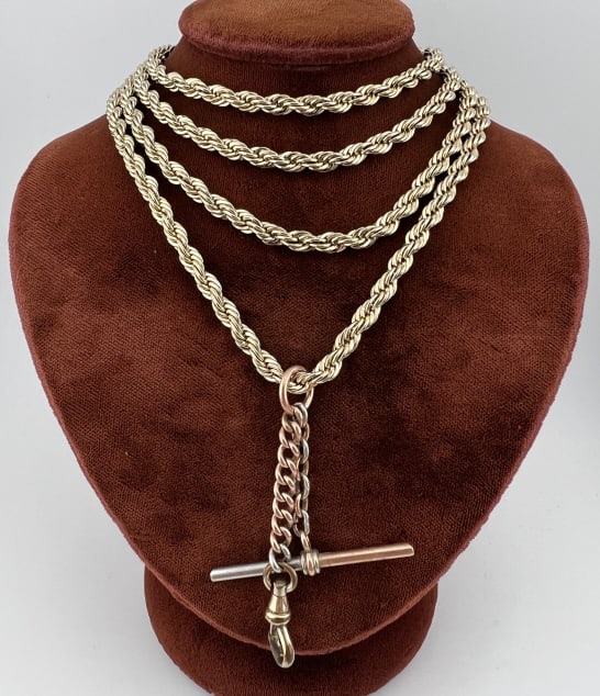 Rope Twist Necklace Chain w Dog Clip & T Bar: Rope Twist Necklace Chain w Dog Clip & T Bar. Chain measures 39 inches in length. Drop with antique gold filled T bar and dog clip measure just over 2 inches.