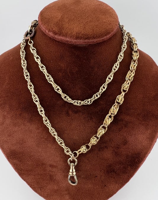 Antique Watch Chain Necklace Gold Fill w Dog Clip: Antique Watch Chain Necklace Gold Filled Multi Link Chain, Rope Twist Gilt Chain w Gold Filled Dog Clip. Measures 20 inches in length.