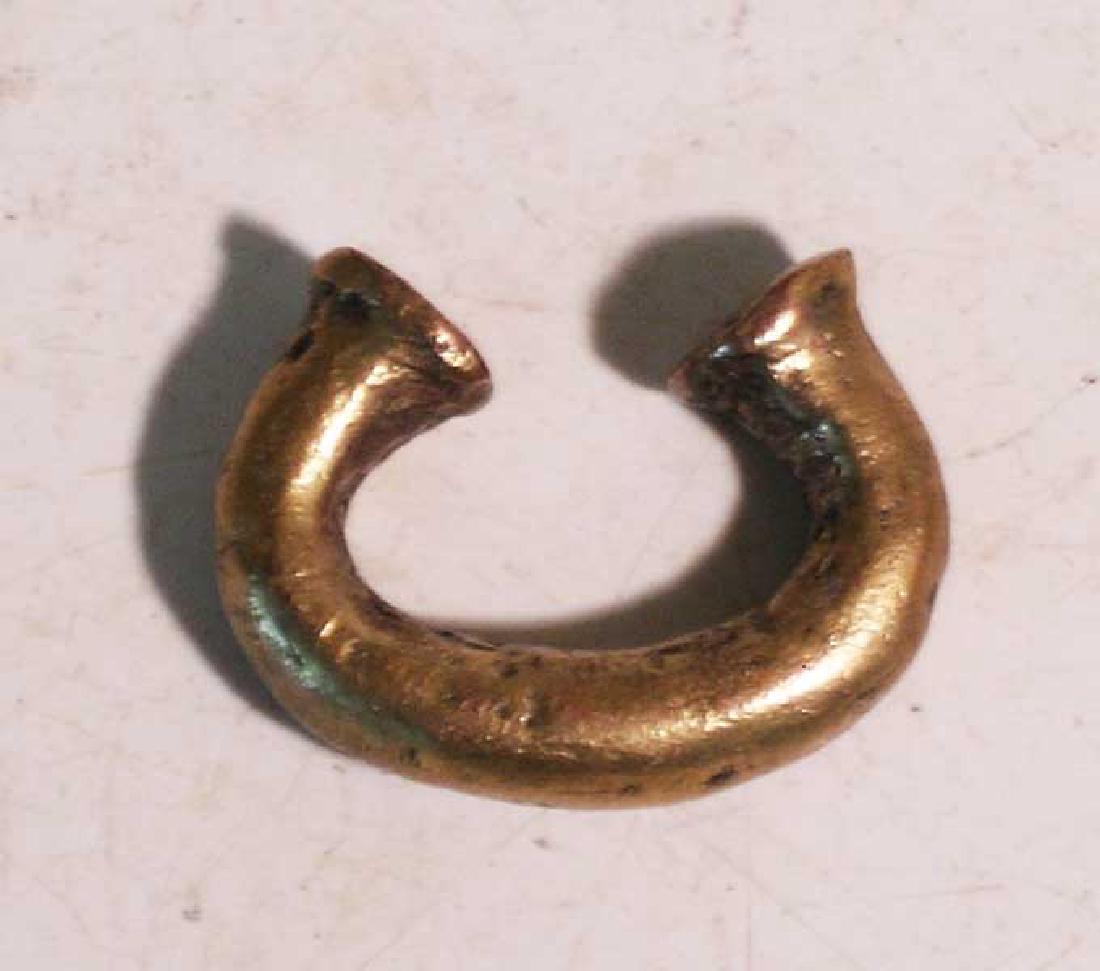 A pair of Sinu nose ornaments from Colombia: A pair of Sinu nose ornaments from Colombia, ca. AD 1000 - 1500. The larger is 1-5/8 in in diameter and has large terminals and strong mineral encrustation. The smaller is 1 in in diameter, has smalle