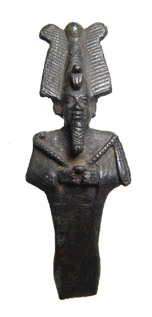 Beautifully detailed Egyptian bronze partial Osiris: A beautifully detailed Egyptian bronze partial Osiris figurine, Late Period, c. 664 – 332 BC, depicted mummiform, wearing atef crown with uraeus and false beard, arms folded at chest, hands holding 