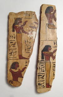 A pair of lovely Egyptian gesso on wood scene fragments: A pair of lovely Egyptian gesso on wood scene fragments, New Kingdom, c. 1570 – 1075 BC, depicting images standing and kneeling figures and neatly painted hieroglyphic text. The natural skin tones a