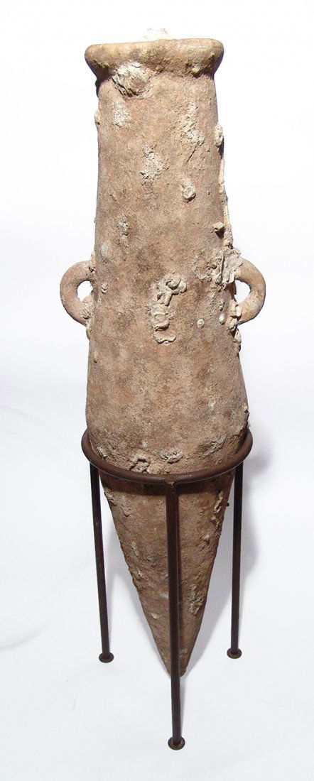 Fantastic Hellenistic amphora from the Balearic Islands: A fantastic Hellenistic amphora from the Balearic Islands, mid-2nd Century BC, use for transporting wine or brine. A lovely example with cylindrical body tapering to a pointed bottom, the mouth slight