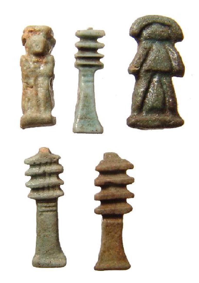 A group of 5 Egyptian faience amulets, Late Period (1 of 2)