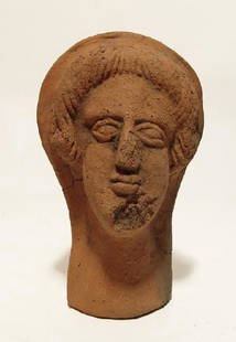 A nicely detailed Etruscan terracotta head of woman: A nicely detailed Etruscan terracotta head of woman, c. 3rd – 2nd Century BC, depicted veiled with nicely detailed facial features and great eye appeal. H: 5 2/5 in (13.7cm). Heavier and more