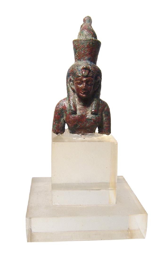 A well-detailed Egyptian bronze bust of Mut: A well-detailed Egyptian bronze bust of Mut, Late Period, c. 664 - 332 BC, originally part of a larger statue, wearing the Double Crown of Upper and Lower Egypt and uraeus, her features beautifully de