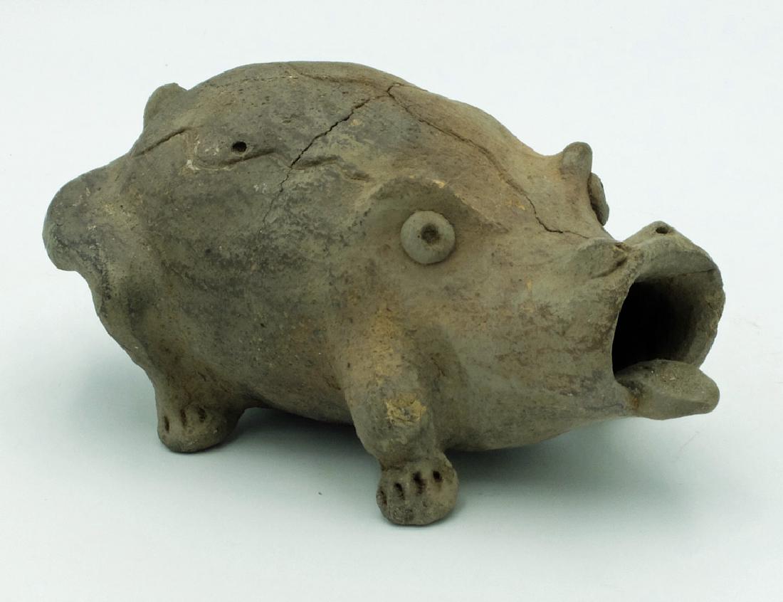 An unusual Sinu frog effigy from Colombia: An unusual Sinu frog effigy from Colombia, c. AD 1000 - 1500, depicting an aggressive-looking frog with protruding tongue. The legs and tail are modeled in high relief, with large applique eyes starin