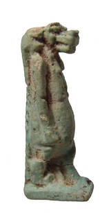 Large Egyptian faience amulet of Taweret, Late Period: A large Egyptian faience amulet of Taweret, Late Period, c. 664 - 30 BC, the goddess of pregnancy and childbirth is depicted as a bipedal Hippopotamus with human arms, leonine legs and a crocodile's