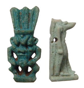 A pair of Egyptian faience amulets - Bes and Anubis: A pair of Egyptian faience amulets - Bes and Anubis, Late Period, c. 664 - 30 BC, each beautifully detailed with nice color. H: 27 mm and 20 mm, respectively. Ex estate of Seward Kennedy, New York.