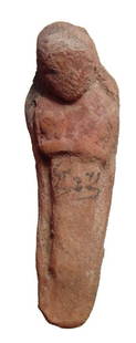 Egyptian terracotta ushabti with Hieratic inscription: An Egyptian terracotta ushabti with Hieratic inscription, Late New Kingdom, 19th - 20th Dynasty, c. 1292 - 1075 BC, mummiform, wearing tripartite wig, arms folded at chest, wrists crossed. The figure