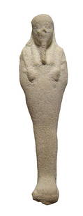 Egyptian white faience ushabti, Late Period: An Egyptian white faience ushabti, Late Period c. 664 - 332 BC, on integral base, mummiform wearing tripartite wig and false beard, arms folded at chest, hands holding a pick and how, vertical plinth