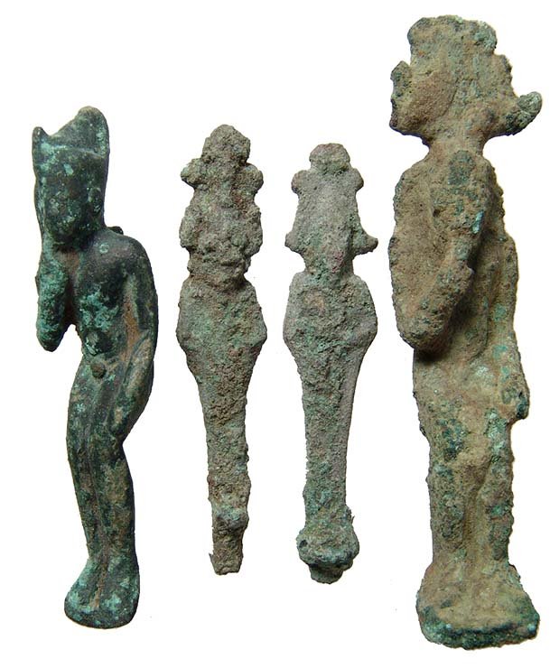 A group of 4 Egyptian bronze figurines, Late Period (1 of 3)