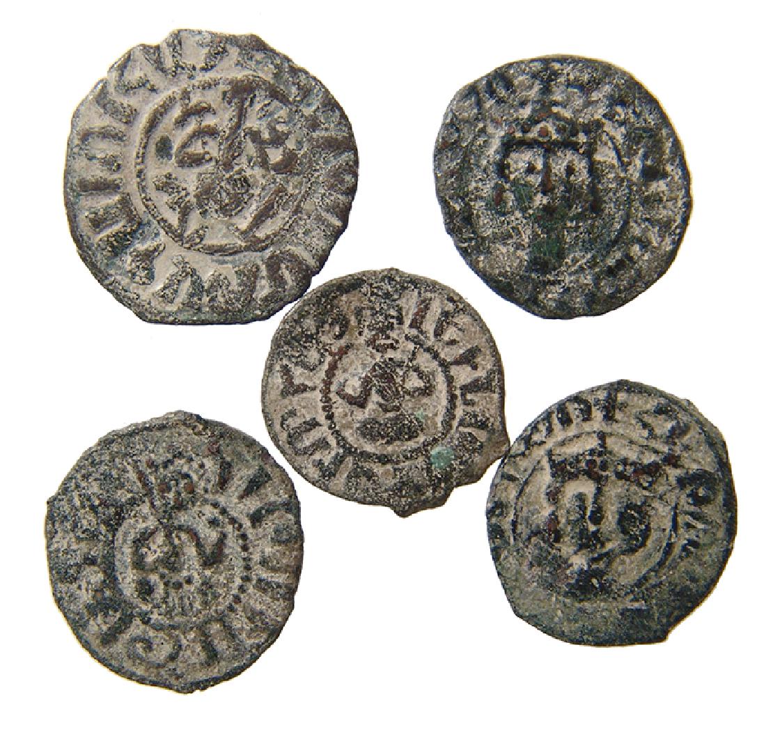 A group of 5 Medieval Armenian coins: A group of 5 Medieval Armenian coins. Cilician Armenia, c. 1226-1307 AD. Represented here are examples of copper kardez of kings Hetoum I (1226 - 1270 AD), Hetoum II (1289 - 1307 AD) and Levon III (13