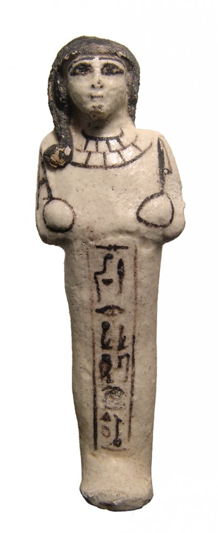 Egyptian New Kingdom Ramesside faience ushabti: An Egyptian New Kingdom bicolor faience ushabti, Ramesside, Dynasty XIX, c. 1279 - 1193 BC, most likely from Memphis, depicted mummiform, wearing side-lock and broad collar, arms folded at chest and h