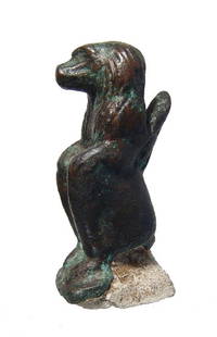 Egyptian bronze figurine of Thoth in baboon form: A nice Egyptian bronze figurine of Thoth in baboon form, Late Period, c. 664 - 332 BC, in classic style with good detail and a pleasing brown patina with green highlights. H: 2 1/3 in (6cm). Ex