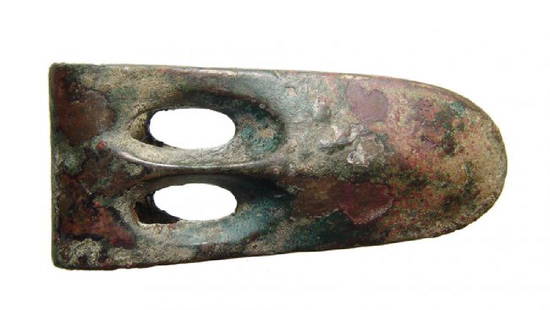 A nice Canaanite bronze 'Duck's Bill' head axe: A nice Canaanite bronze 'Duck's Bill' head axe, c. 2000 - 1700 BC, the base with vertical mounting shaft, two oval cut-outs with tapered interiors and a rounded cutting edge. Nicely patinated. L: 3