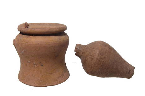 Interesting pair of Roman and Greek pottery fragments: An interesting pair of Roman and Greek pottery fragments. The first is an interesting Greek ceramic pyxis-like vessel with remnants of a handle, 2 3/4 x 2 3/4 in (6.8 cm), the second is the body of a