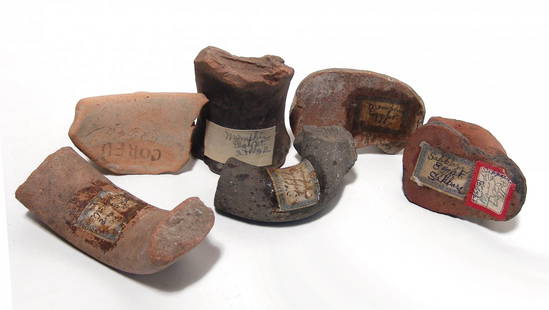 Antique collection of 8 Graeco-Roman pottery fragments: A nice collection of 8 Graeco-Roman pottery fragments, c. 2nd Century BC - 2nd Century AD, including parts from amphorae and other various vessels, most with antique labels noting find spots as