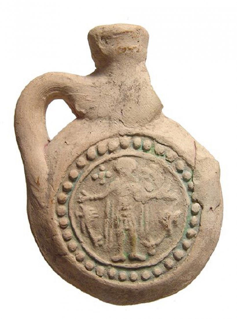 A Coptic terracotta souvenir pilgrim's flask (1 of 2)