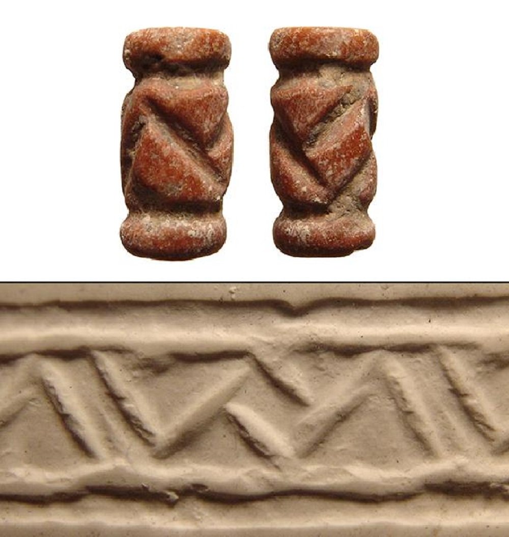 A Proto-Elamite red marble cylinder seal: A Proto-Elamite red marble cylinder seal, 3rd Millennium BC, with a saw-tooth design between horizontal line borders. L: 18 mm. Ex California Museum of Art de-accession.