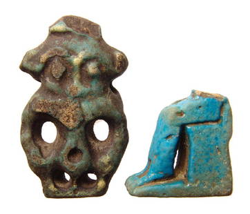 A pair of Egyptian faience amulets: A pair of Egyptian faience amulets. The first is a Ptolemaic amulet of Bes, c. 332 - 30 BC, with yellow additions to the deep blue glaze. The second is the lower portion of a seated amulet of Isis,