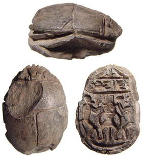 Egyptian steatite scarab with cartouche of Thutmose III: A large Egyptian steatite scarab with cartouche of Thutmose III, New Kingdom, c. 1476 - 1075 BC, the body of nice form, well carved with well-defined head and legs, on base, the god Bes stands facing