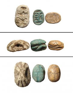 A lot of 3 ancient Egyptian scarabs: A lot of 3 ancient Egyptian scarabs. Lot includes a pair of New kingdom scarabs, c. 1570 - 1075 BC, one in blue faience with a large Ankh and feather of Ma'at, 14 x 11 mm, a steatite scarab with a