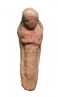 Egyptian terracotta ushabti with Hieratic inscription: An Egyptian terracotta ushabti with Hieratic inscription, Late New Kingdom, 19th - 20th Dynasty, c. 1292 - 1075 BC, mummiform, wearing tripartite wig, arms folded at chest, wrists crossed. The figure