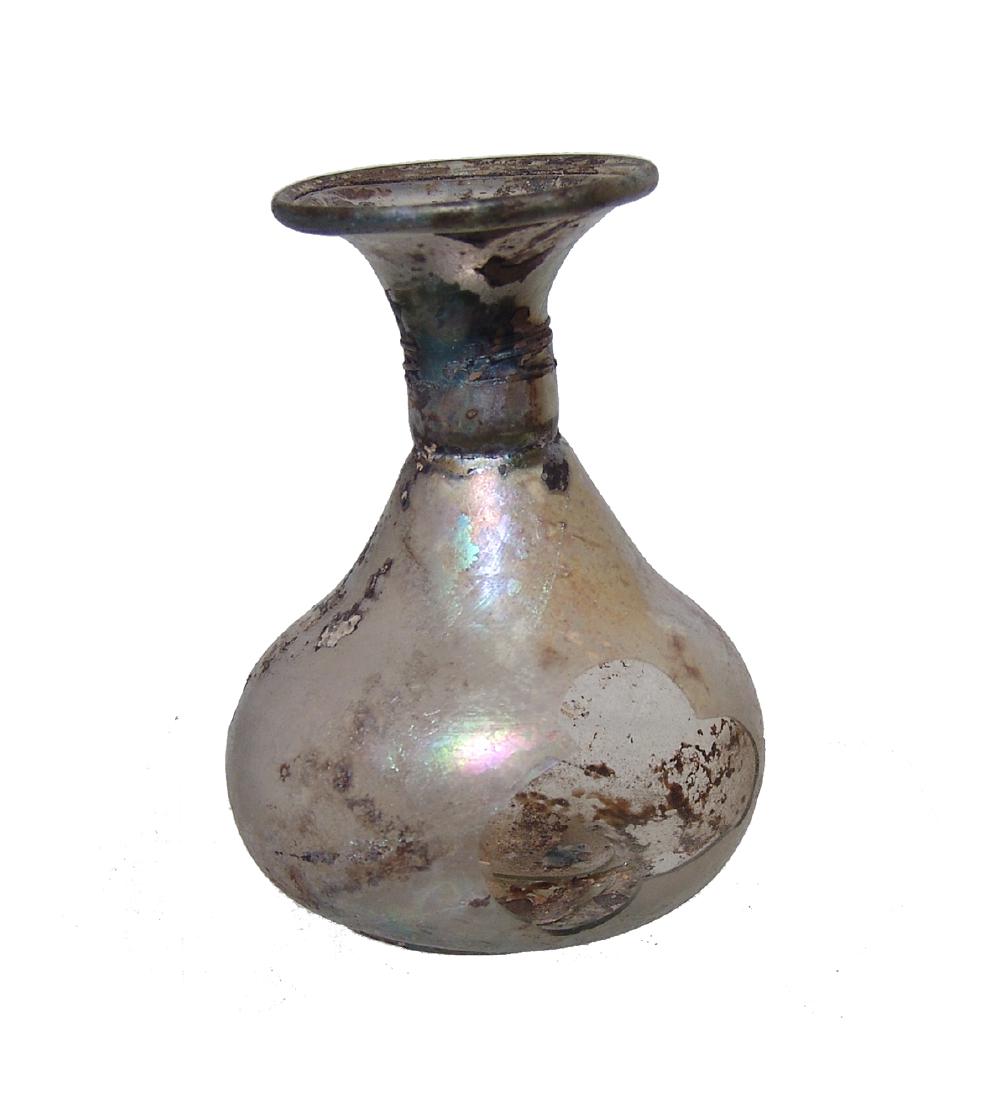 A Roman near-colorless glass sprinkler bottle (1 of 3)