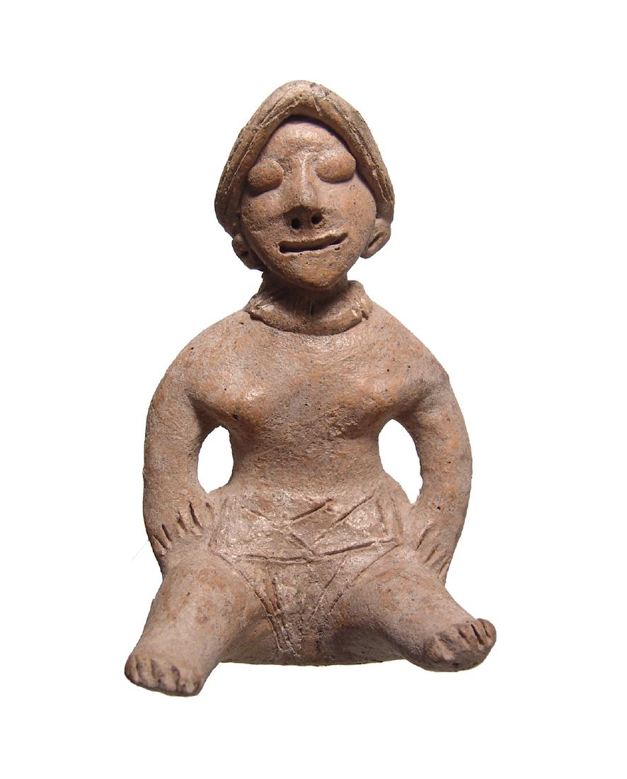 Colima 'Autlan' sitting male figure, West Mexico: A Colima 'Autlan' sitting male figure, West Mexico, 100 BC - AD 250, wearing low headdress, necklace, earrings and short pants, the features handsomely modeled, and the clothing is decorated with inci