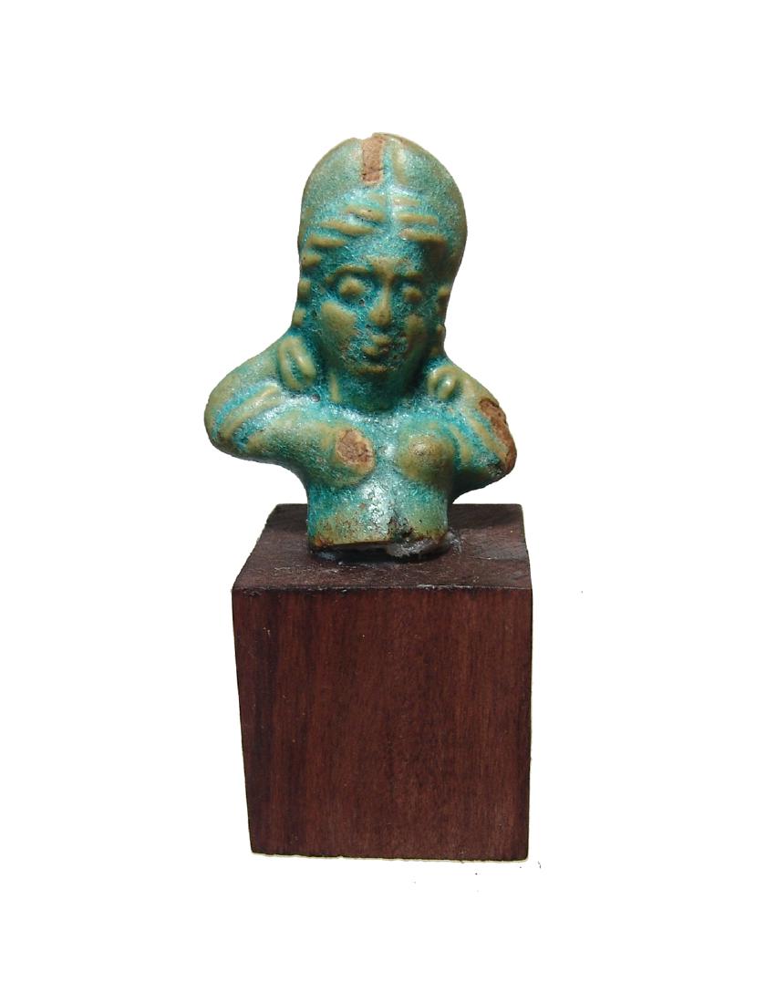 Roman-Egyptian turquoise glazed figure of Aphrodite: A Roman-Egyptian turquoise glazed figure of Aphrodite, 1st - 2nd Century AD, depicted nude wearing a tall domed diadem and bracelets, her hands behind her head and her facial features well modeled. H:
