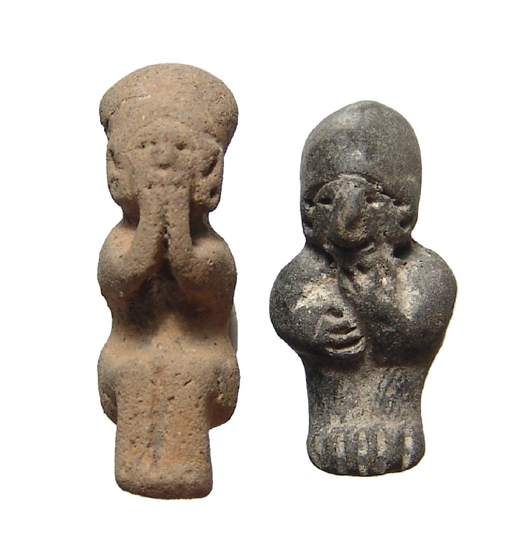 A very cute pair of miniature figurines from Ecuador: A very cute pair of miniature figurines from Ecuador. The first is Jamacoaque, c. 400 BC - AD 500, in tan buff, depicted seated wearing domed headdress and with hands to the face, H: 3 cm, the other i