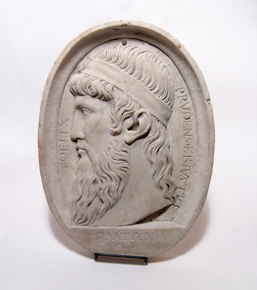 A choice Neoclassical marble plaque depicting Plato (1 of 2)