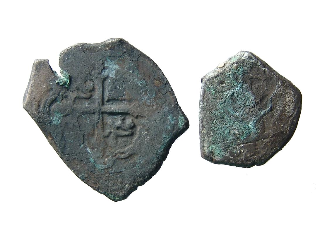 A pair of Spanish silver 'cob' coins (1 of 2)
