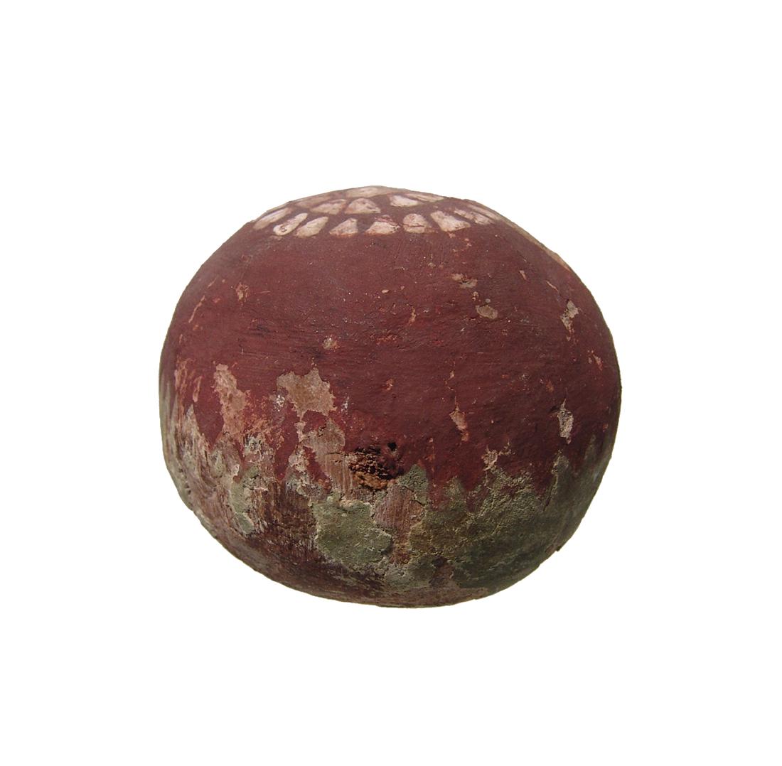Egyptian votive wooden fruit offering, Late Period: An Egyptian votive wooden fruit offering, Late Period, c. 664 - 30 BC, spherical with much of the original paint remaining. The upper portion is a deep red-brown and the lower a light green, two rows 