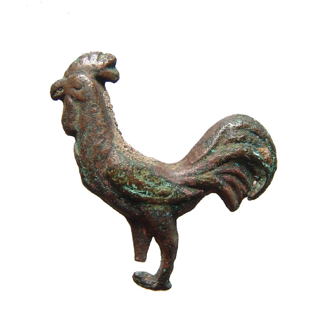 A detailed Roman/Byzantine bronze cockerel: A detailed Roman/Byzantine bronze cockerel, c. 4th - 6th Century AD, in naturalistic style with rich brown patination. 3.7 x 3.4 cm. Ex Southern California private collection.