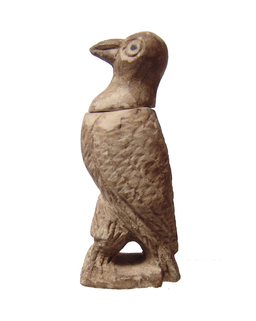 Medieval stucco cosmetic container in bird form: A Medieval stucco cosmetic container in the form of a bird, European, c. 12th - 14th Century, the head and neck serving as the lid revealing the hollowed interior. Standing on an integral base, the de