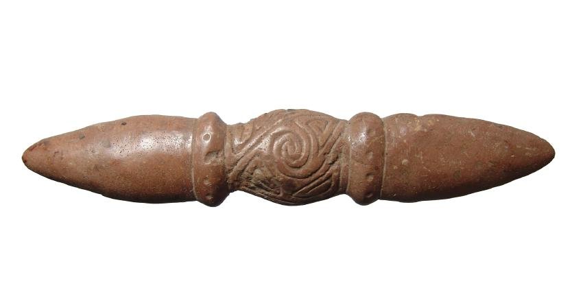 Extremely rare Taino double-ended stone purging spatula: An extremely rare Taino double-ended stone purging spatula, c. AD 1000 - 1500, with complex central symbolic engravings. Purging spatulas were usually made from the wood lignum vitae and rarely of sto