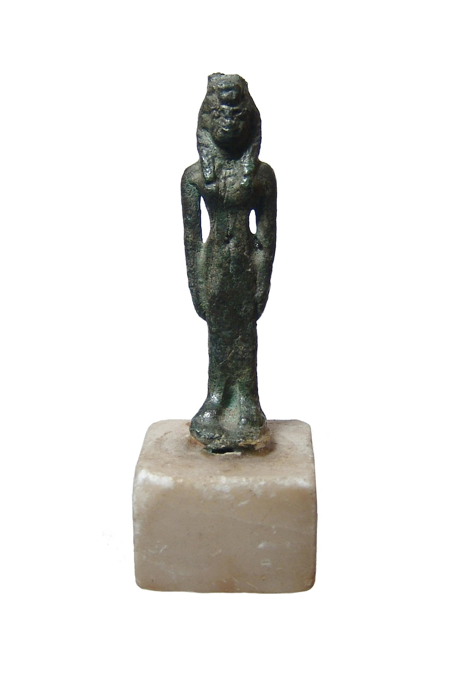 Egyptian bronze figurine of a goddess, Late Period: An Egyptian bronze figurine of a goddess, Late Period, c. 664 - 332 BC, likely Hathor, wearing tight fitting gown and headdress, her hands at her side. A nicely detailed little figure with attractive 