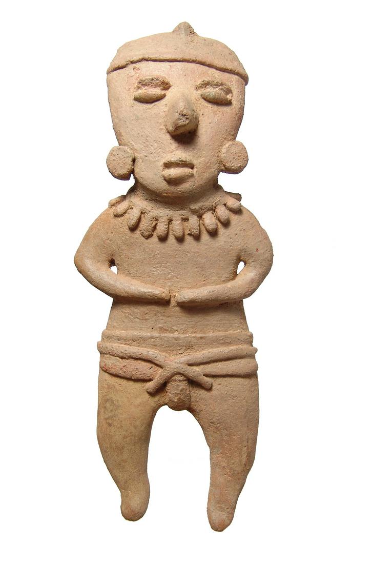 A large Michoacan standing shaman, Mexico: A large Michoacan standing shaman, Mexico, 100 BC - AD 250, wearing a hat. Necklace, ear spools, shirt and pants wrapped with a long belt or band with short tassels. The features are well-modeled and 