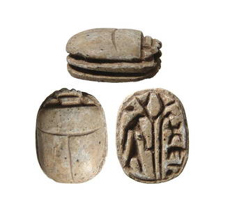 Egyptian steatite scarab with cartouche of Thutmose III: An Egyptian steatite scarab with cartouche of Thutmose III, Late Period, c. 664 - 332 BC, the body well carved, on base the god Ra stands before an amuletic cartouche of the New Kingdom pharaoh