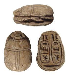 Egyptian steatite scarab with cartouches, Thutmose III: An Egyptian steatite scarab with amuletic cartouches for Thutmose III, 25th - 26th Dynasty, c. 745 - 525 BC, the body, head and legs nicely carved; on base, a pair of amuletic cartouches of Thutmose