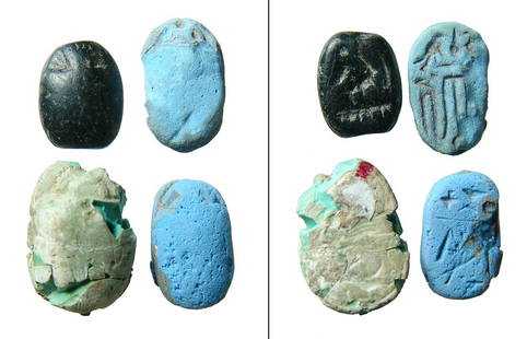 A group of 4 of Egyptian scarabs: A group of 4 of Egyptian scarabs. The first two are Egyptian blue paste scarabs, Late Period, c. 6th Century BC, typical of the products manufactured at the city of Naucratis and distributed as far