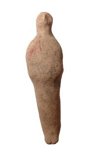 An interesting Egyptian terracotta ushabti: An interesting Egyptian terracotta ushabti, Late New Kingdom, c. 1200 - 1075 BC, hand modelled and mummiform, with pinched features and arms folded at chest, a hoe indicated on chest in red pigment.