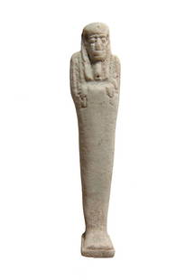 Egyptian faience ushabti, 30th Dynasty - Ptolemaic: An Egyptian faience ushabti, 30th Dynasty - Ptolemaic, c. 344 - 30 BC, on integral base and depicted mummiform, wearing tripartite wig and false beard, arms folded across chest, hands holding a pick