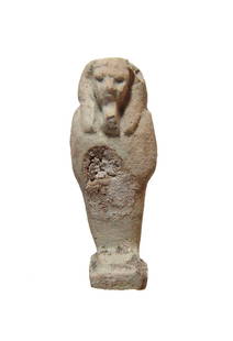 Egyptian miniature glazed ushabti, Late Period: An Egyptian miniature glazed ushabti, Late Period, c. 664 - 30 BC, mummiform on integral base, wearing tripartite wig and false beard, arms folded at chest. At back, a vertical column of hieroglyphic